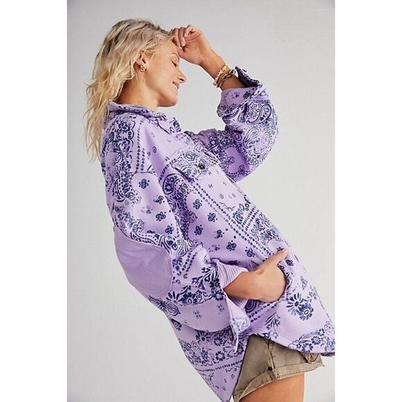 NEW FREE PEOPLE RUBY WEST COAST JACKET BANDANA PRINTED SHACKET LILAC - Picture 3 of 5